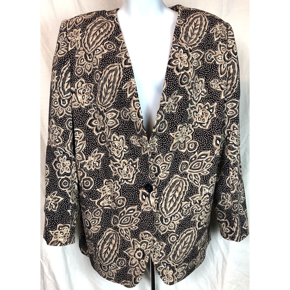 Vtg Alfred Dunner Silky Blazer Jacket 14 Tan/Navy Geo Pockets Career Office Boho